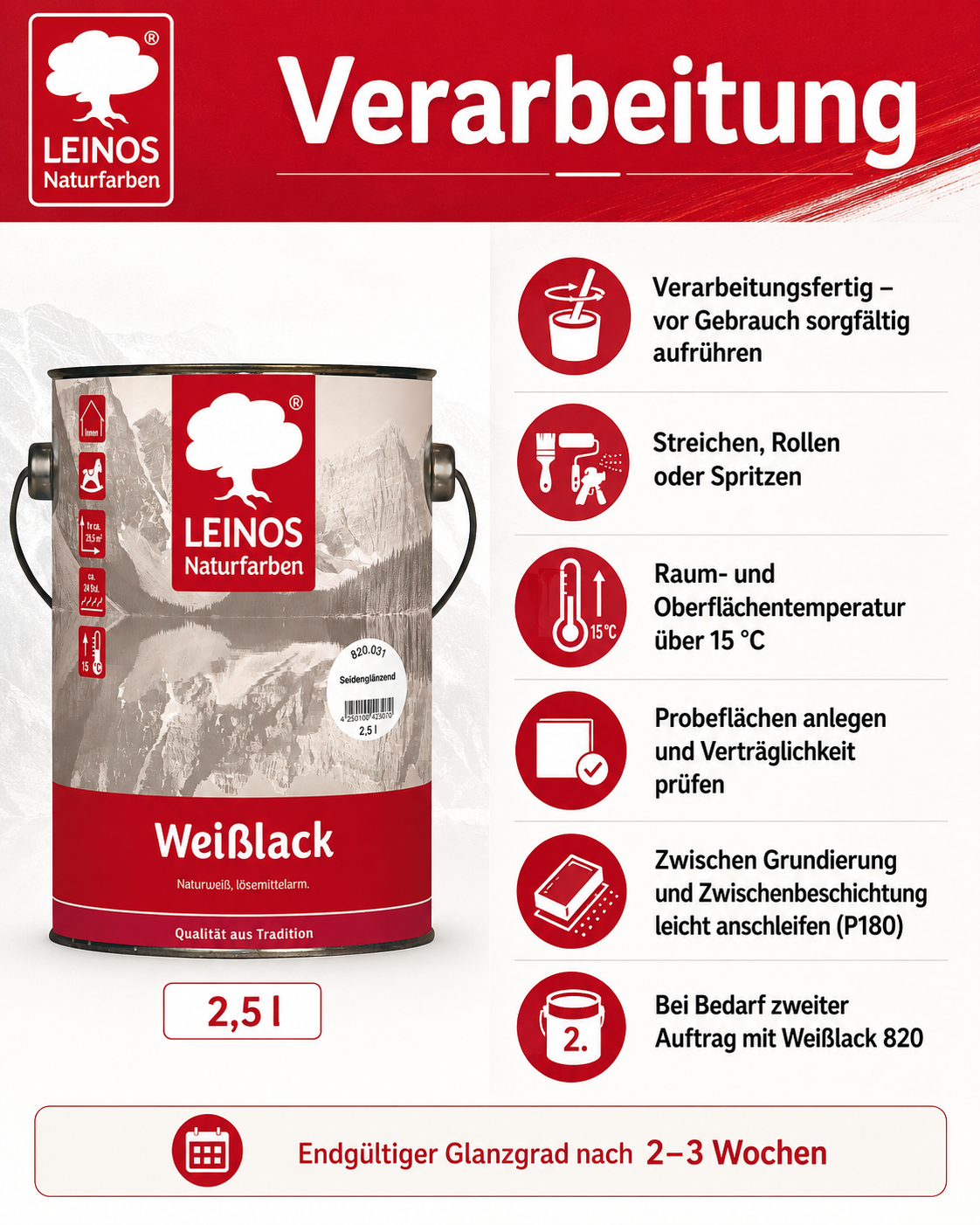 LEINOS 820 Weißlack Seidenglänzend | 2,5 L Innen & Außen | Wohngesunder Naturharz-Öl Lack, wetterfest & langlebig | ca. 20 m² Reichweite | Für Türen, Fenster, Möbel & Holzflächen | Profiqualität