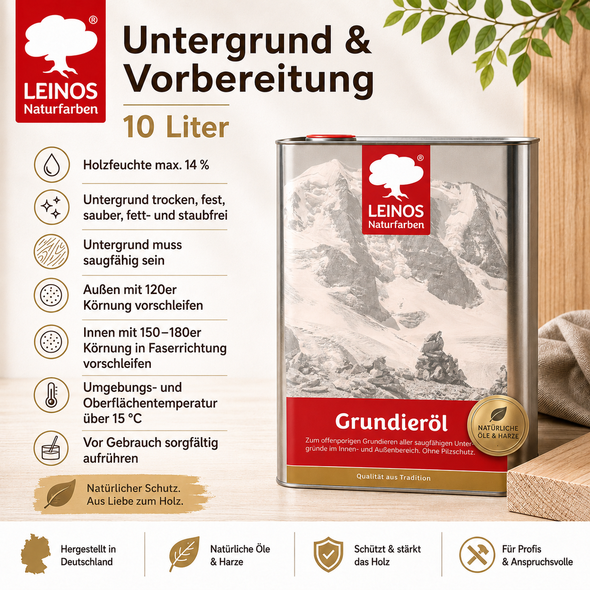 LEINOS Grundieröl 10 l – farblos, offenporig, lösemittelarm; tiefenwirksame Grundierung für saugfähiges Holz innen & außen, ohne UV-/Pilzschutz, hohe Ergiebigkeit für größere, wenig beanspruchte Flächen