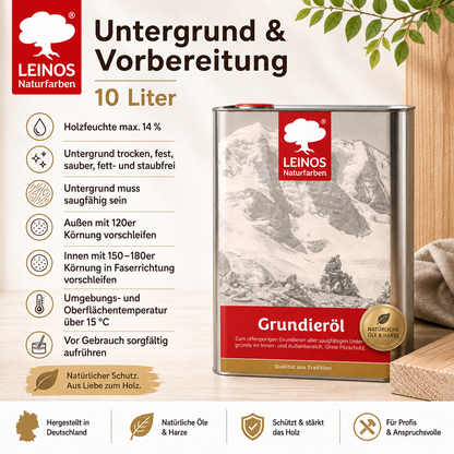 LEINOS Grundieröl 10 l – farblos, offenporig, lösemittelarm; tiefenwirksame Grundierung für saugfähiges Holz innen & außen, ohne UV-/Pilzschutz, hohe Ergiebigkeit für größere, wenig beanspruchte Flächen