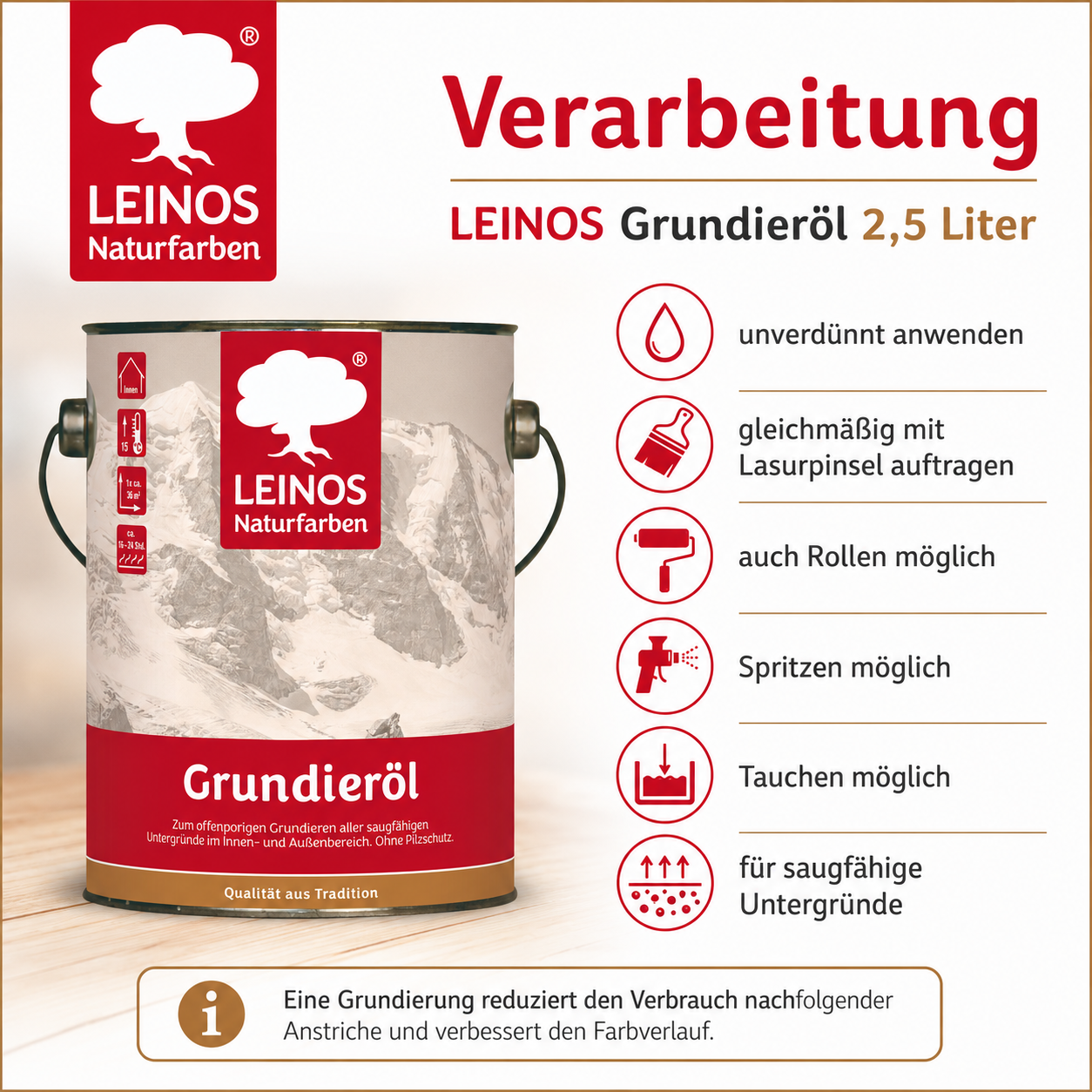 LEINOS 220 Grundieröl für Innen 2,5 l | Offenporige Grundierung mit gutem Eindringvermögen für wenig beanspruchte Holzteile | optimalen Kontakt für weitere Anstriche