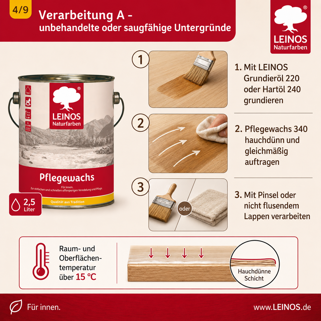 Leinos-Pflegewachs 340 | 2,5 Liter | Leicht verarbeitbares Wachsfinish | Für gewachste Flächen & wenig beanspruchte geölte Oberflächen | Auffrischung & Veredelung für Möbel, Holz & Naturmaterialien