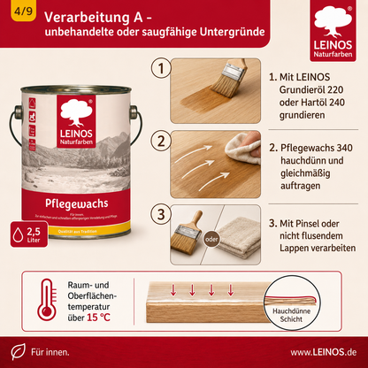 Leinos-Pflegewachs 340 | 2,5 Liter | Leicht verarbeitbares Wachsfinish | Für gewachste Flächen & wenig beanspruchte geölte Oberflächen | Auffrischung & Veredelung für Möbel, Holz & Naturmaterialien