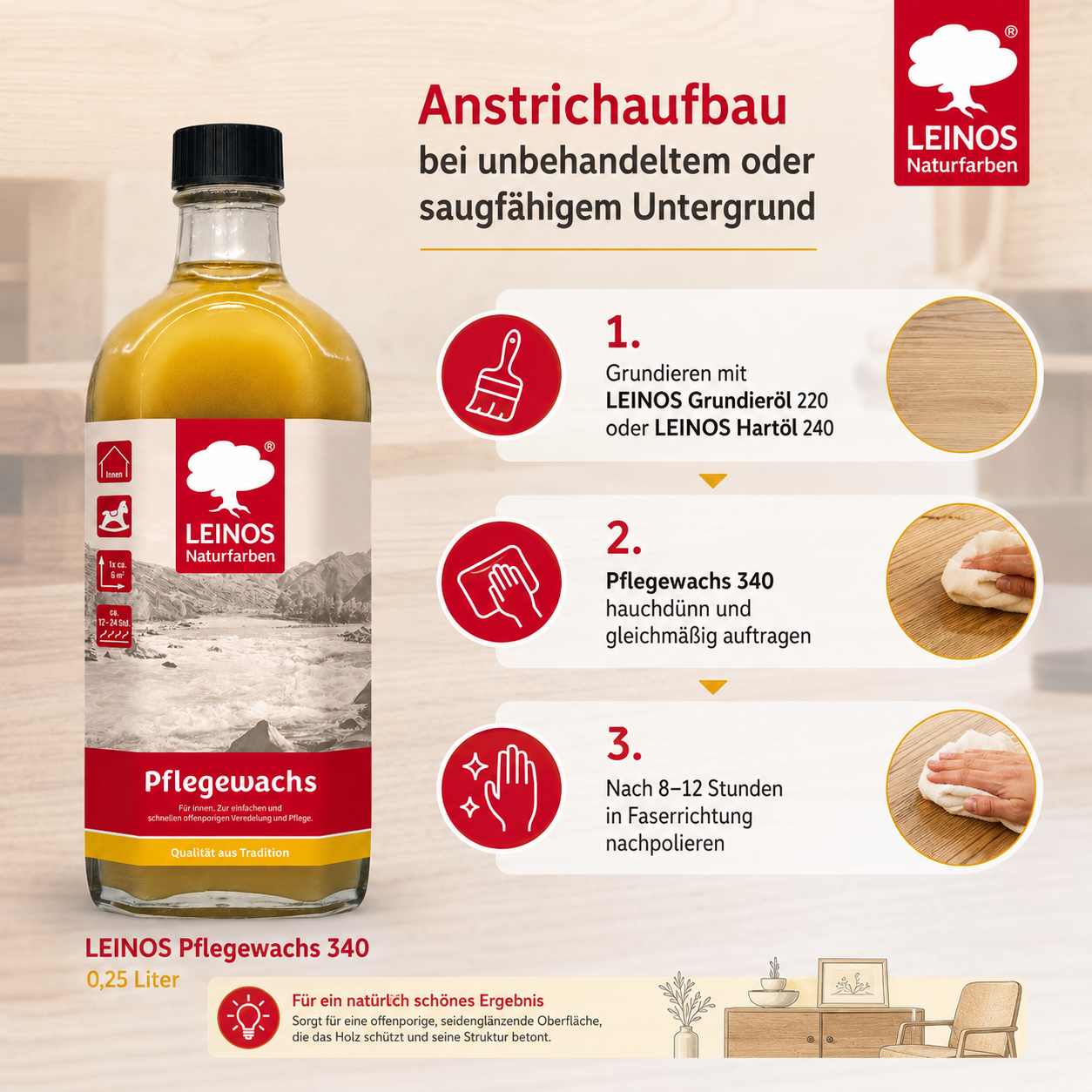 Leinos-Pflegewachs 340 | 0,25 Liter | Leicht verarbeitbares Wachsfinish | Für gewachste Flächen & wenig beanspruchte geölte Oberflächen | Auffrischung & Veredelung für Möbel, Holz & Naturmaterialien