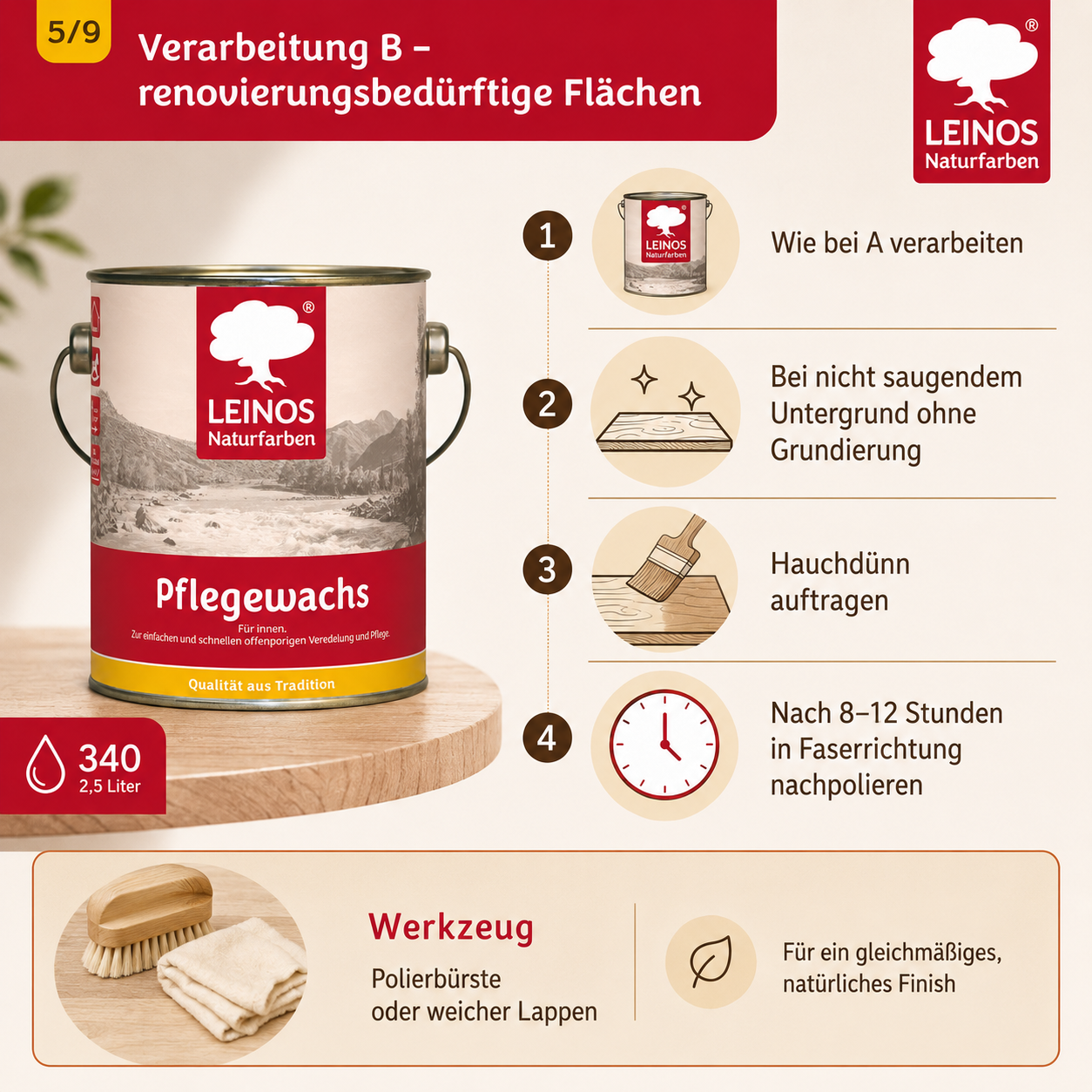 Leinos-Pflegewachs 340 | 2,5 Liter | Leicht verarbeitbares Wachsfinish | Für gewachste Flächen & wenig beanspruchte geölte Oberflächen | Auffrischung & Veredelung für Möbel, Holz & Naturmaterialien
