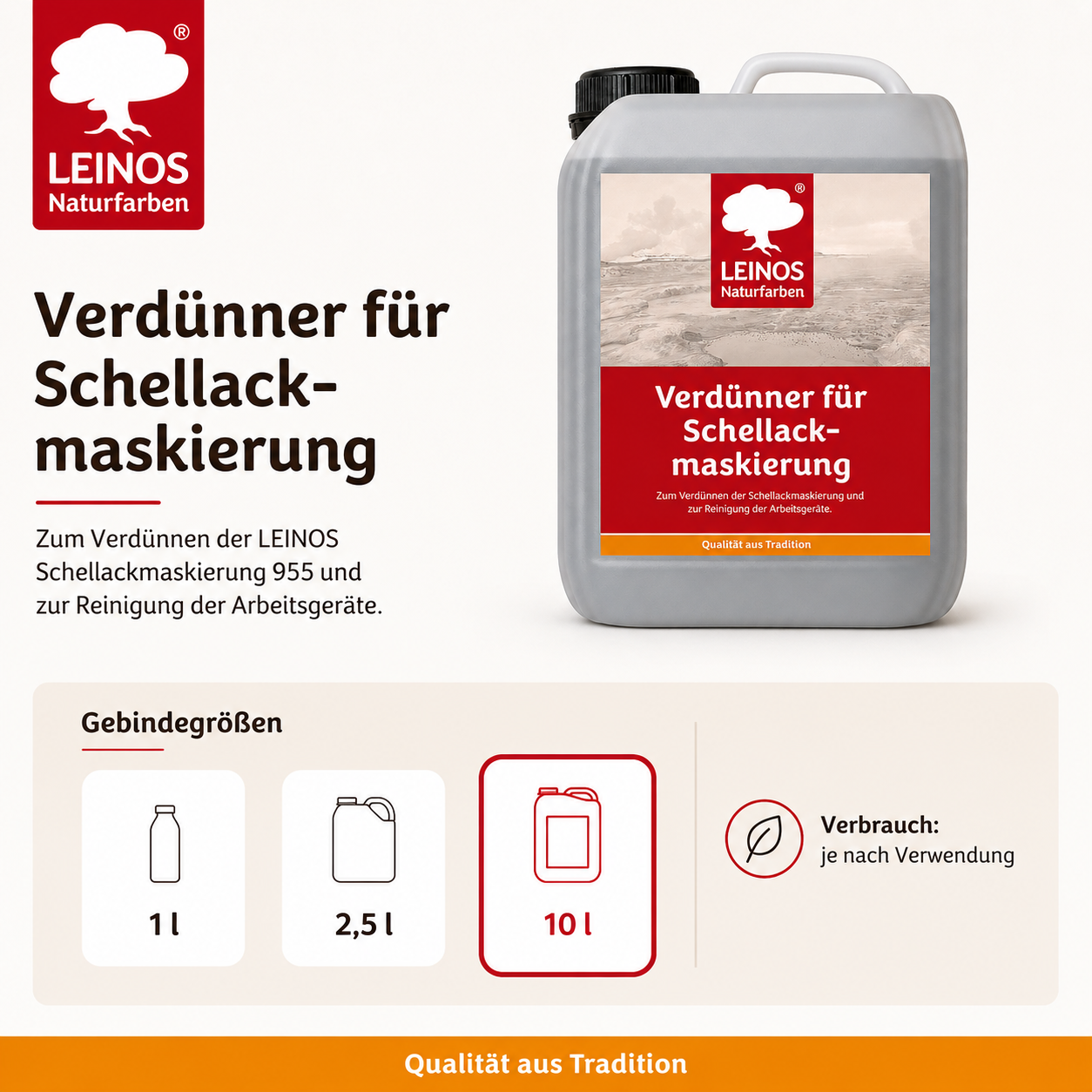 LEINOS 956 Verdünner für Schellackmaskierung 10,0 l – Ethanol zur Verdünnung von Schellack-Maskierung, zur Reinigung von Werkzeugen und Geräten, für professionelle Anwendungen im Innenbereich genutzt.