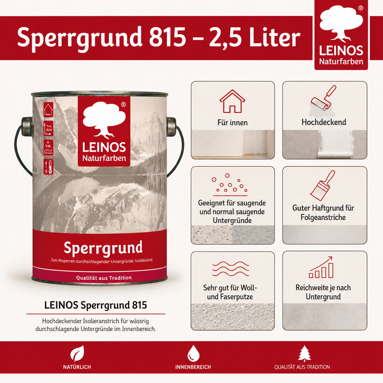 LEINOS 815 Sperrgrund 2,5 l | Hochdeckend: Erzeugt einen weißen, leicht rauen Untergrund, der für nachfolgende Anstriche gute Haftung bietet