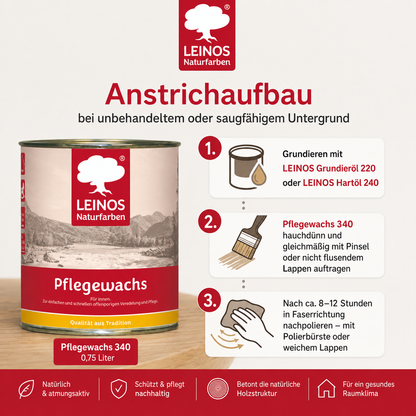 Leinos-Pflegewachs 340 | 0,75 Liter | Leicht verarbeitbares Wachsfinish | Für gewachste Flächen & wenig beanspruchte geölte Oberflächen | Auffrischung & Veredelung für Möbel, Holz & Naturmaterialien