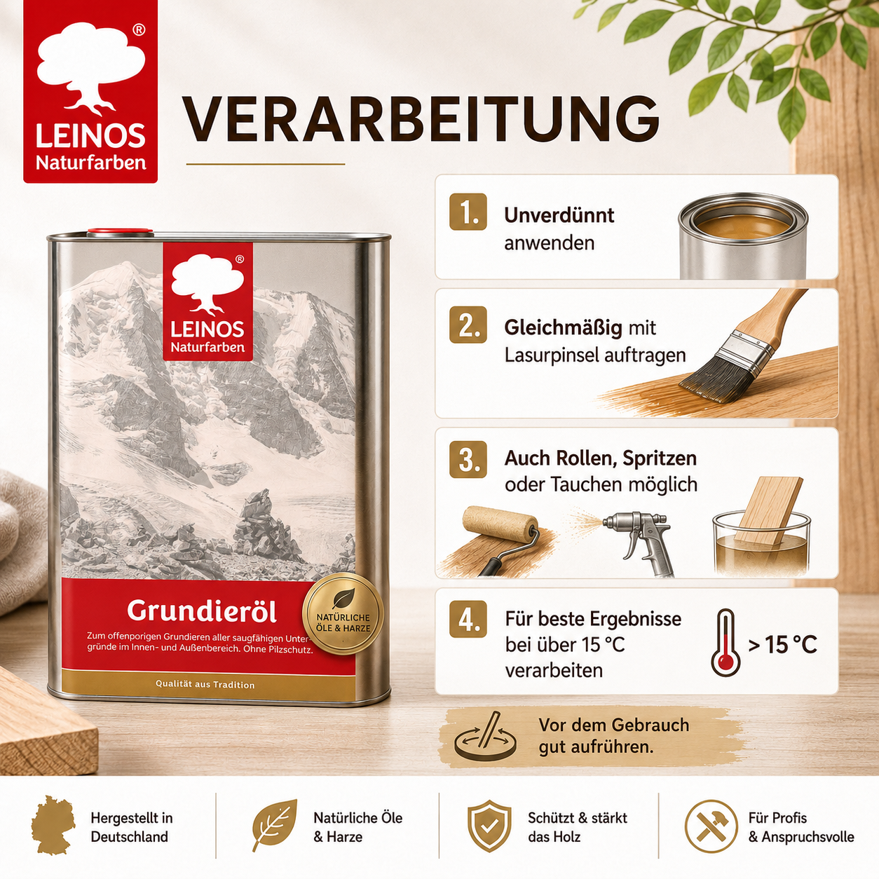 LEINOS Grundieröl 10 l – farblos, offenporig, lösemittelarm; tiefenwirksame Grundierung für saugfähiges Holz innen & außen, ohne UV-/Pilzschutz, hohe Ergiebigkeit für größere, wenig beanspruchte Flächen