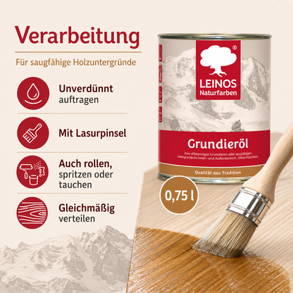 LEINOS Grundieröl 0,75 l – farblos, offenporig, tief eindringend, lösemittelarm; ideale Basis für saugfähiges Holz innen & außen, ohne UV-/Pilzschutz, für wenig beanspruchte Flächen