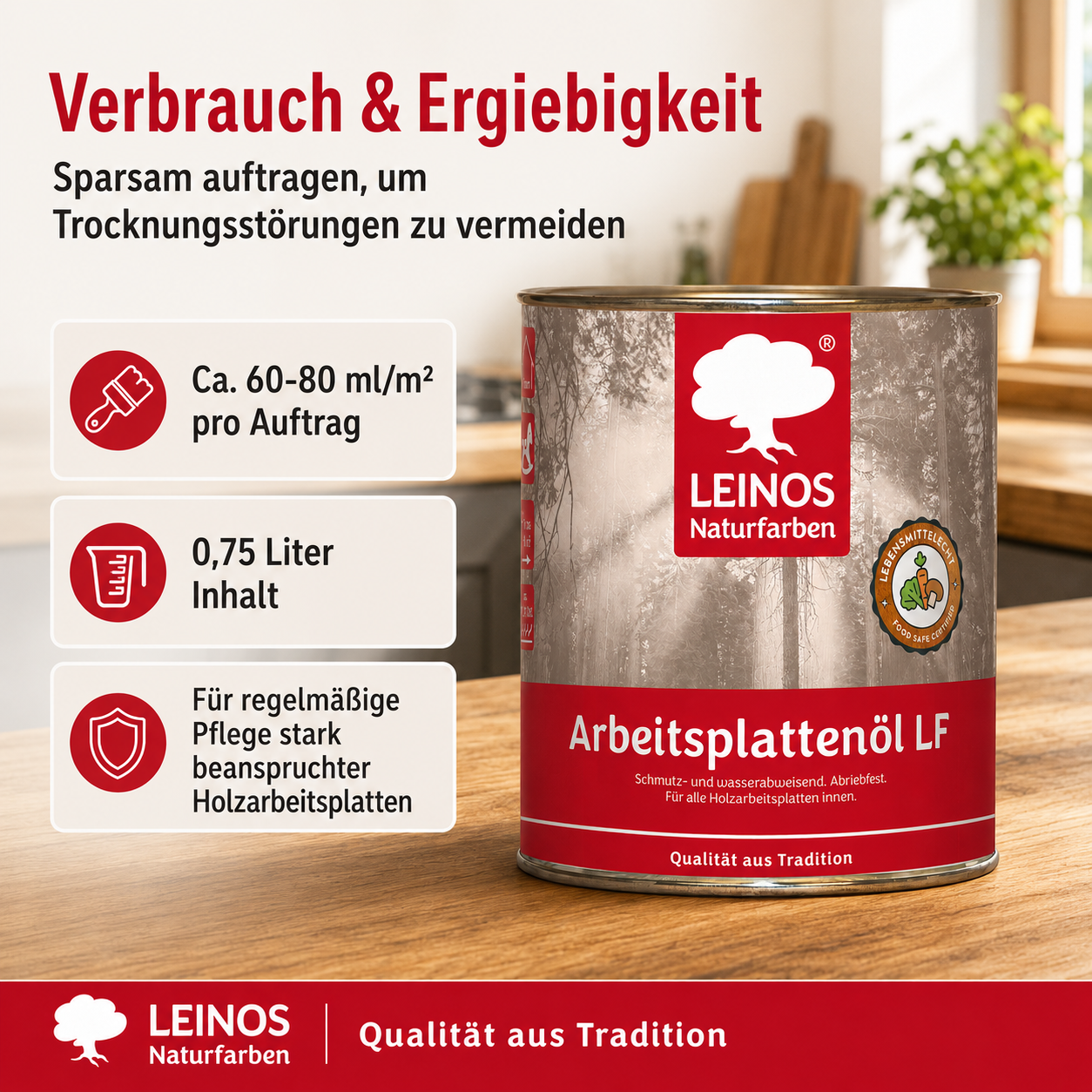 Arbeitsplattenöl  0,75 L | lebensmittelecht & speichelfrei nach EN 71-3 | schmutz-, wasser- & fettabweisend | Öl-Harz-Rezeptur ohne Film | für Holz-Küchenplatten, Schneidebretter, Tische & Kinderspielzeug