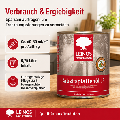 Arbeitsplattenöl  0,75 L | lebensmittelecht & speichelfrei nach EN 71-3 | schmutz-, wasser- & fettabweisend | Öl-Harz-Rezeptur ohne Film | für Holz-Küchenplatten, Schneidebretter, Tische & Kinderspielzeug