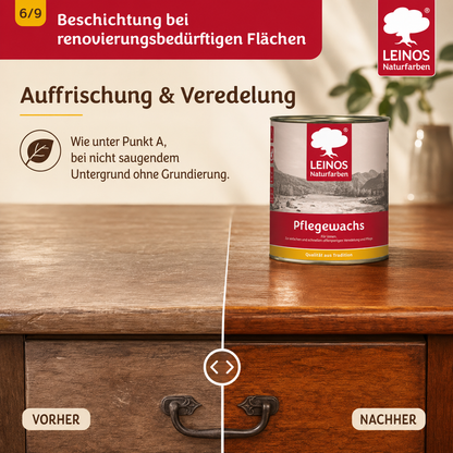Leinos-Pflegewachs 340 | 0,75 Liter | Leicht verarbeitbares Wachsfinish | Für gewachste Flächen & wenig beanspruchte geölte Oberflächen | Auffrischung & Veredelung für Möbel, Holz & Naturmaterialien