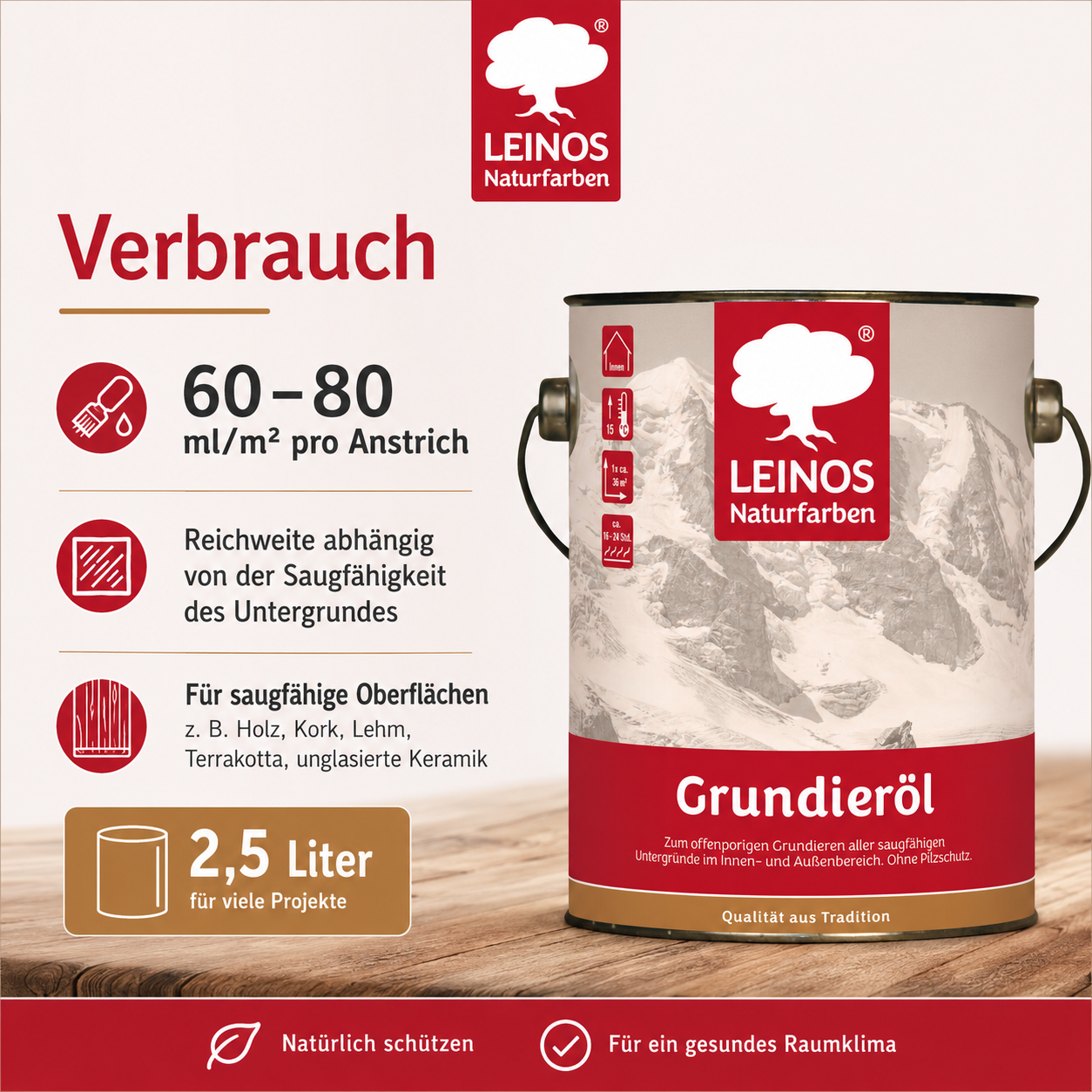 LEINOS 220 Grundieröl für Innen 2,5 l | Offenporige Grundierung mit gutem Eindringvermögen für wenig beanspruchte Holzteile | optimalen Kontakt für weitere Anstriche