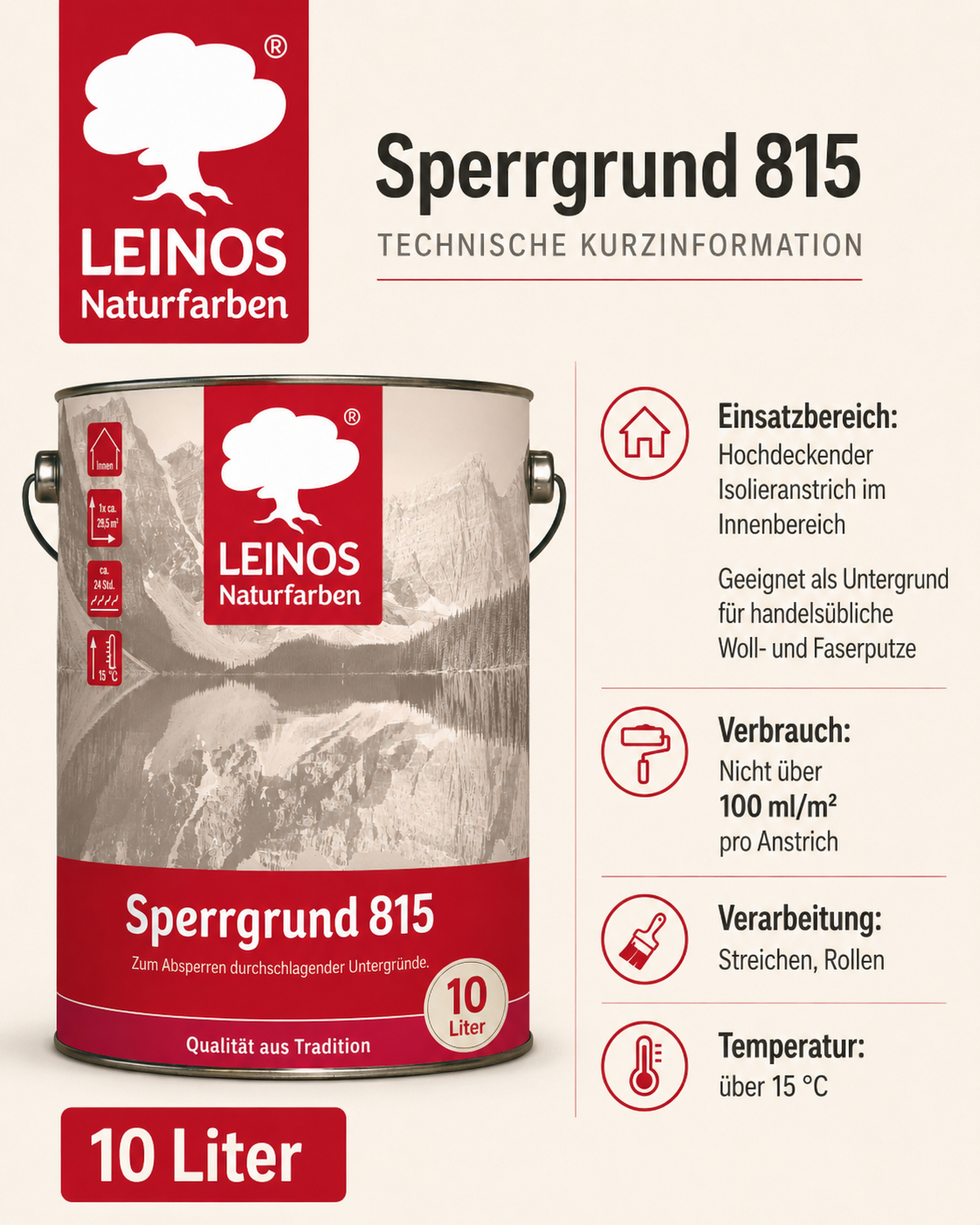 LEINOS 815 Sperrgrund 10 Liter  | Hochdeckend: Erzeugt einen weißen, leicht rauen Untergrund, der für nachfolgende Anstriche gute Haftung bietet