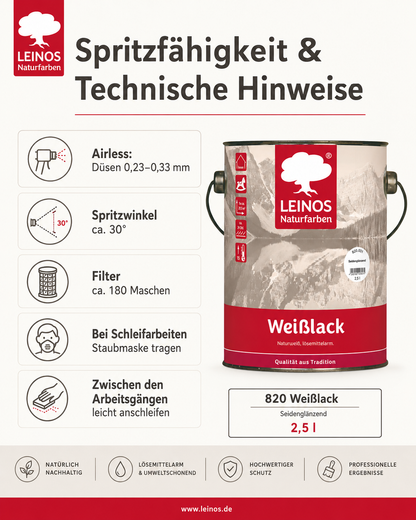 LEINOS 820 Weißlack Seidenglänzend | 2,5 L Innen & Außen | Wohngesunder Naturharz-Öl Lack, wetterfest & langlebig | ca. 20 m² Reichweite | Für Türen, Fenster, Möbel & Holzflächen | Profiqualität