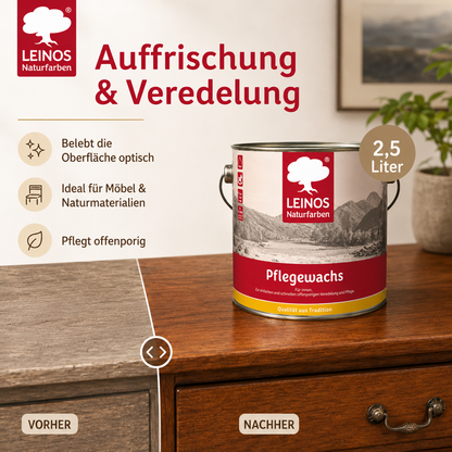 Leinos-Pflegewachs 340 | 2,5 Liter | Leicht verarbeitbares Wachsfinish | Für gewachste Flächen & wenig beanspruchte geölte Oberflächen | Auffrischung & Veredelung für Möbel, Holz & Naturmaterialien