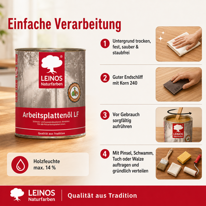 Arbeitsplattenöl  0,75 L | lebensmittelecht & speichelfrei nach EN 71-3 | schmutz-, wasser- & fettabweisend | Öl-Harz-Rezeptur ohne Film | für Holz-Küchenplatten, Schneidebretter, Tische & Kinderspielzeug
