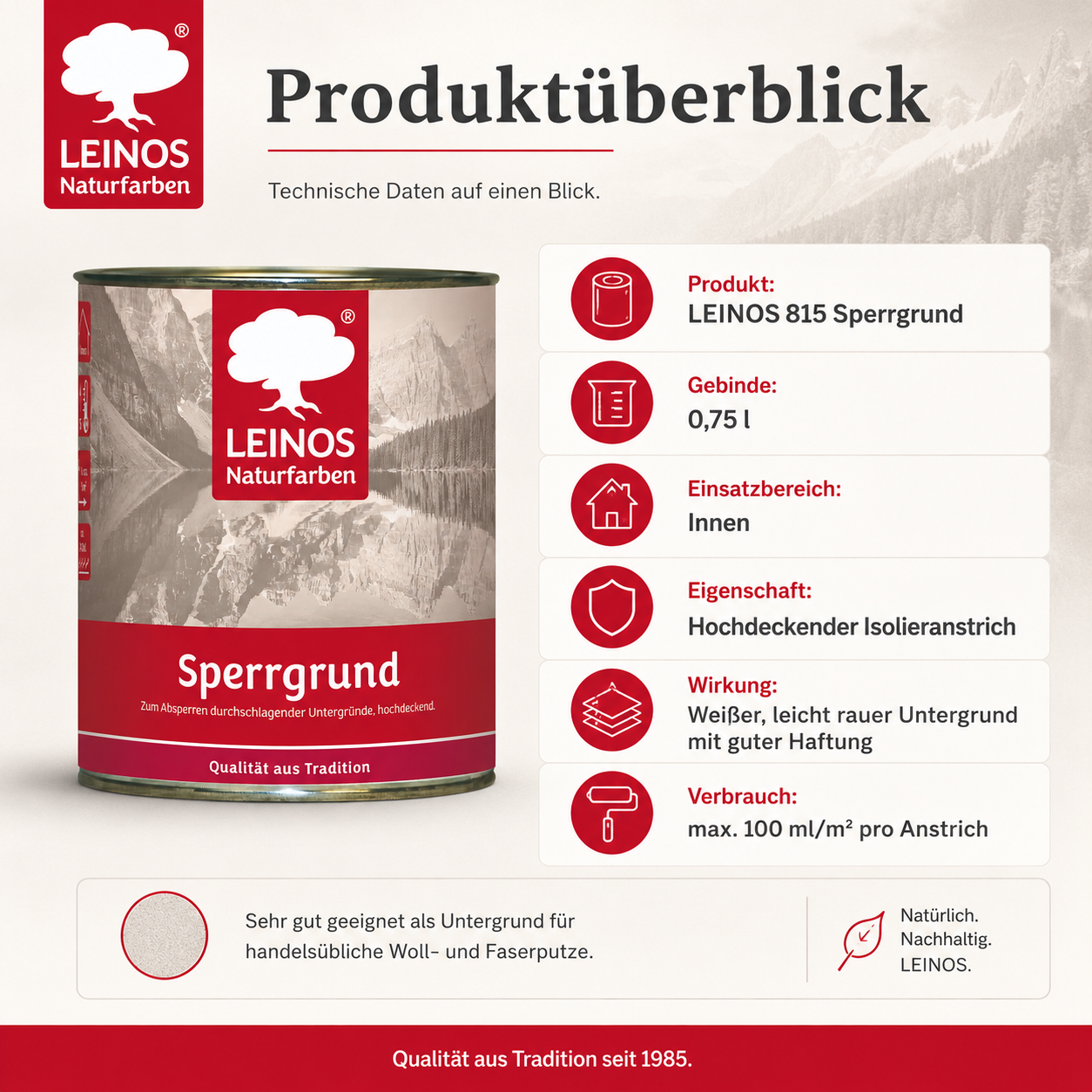 LEINOS 815 Sperrgrund 0,75 l | Hochdeckend: Erzeugt einen weißen, leicht rauen Untergrund, der für nachfolgende Anstriche gute Haftung bietet