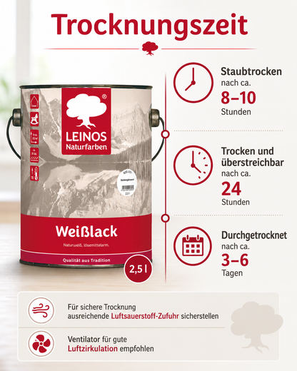 LEINOS 820 Weißlack Seidenglänzend | 2,5 L Innen & Außen | Wohngesunder Naturharz-Öl Lack, wetterfest & langlebig | ca. 20 m² Reichweite | Für Türen, Fenster, Möbel & Holzflächen | Profiqualität