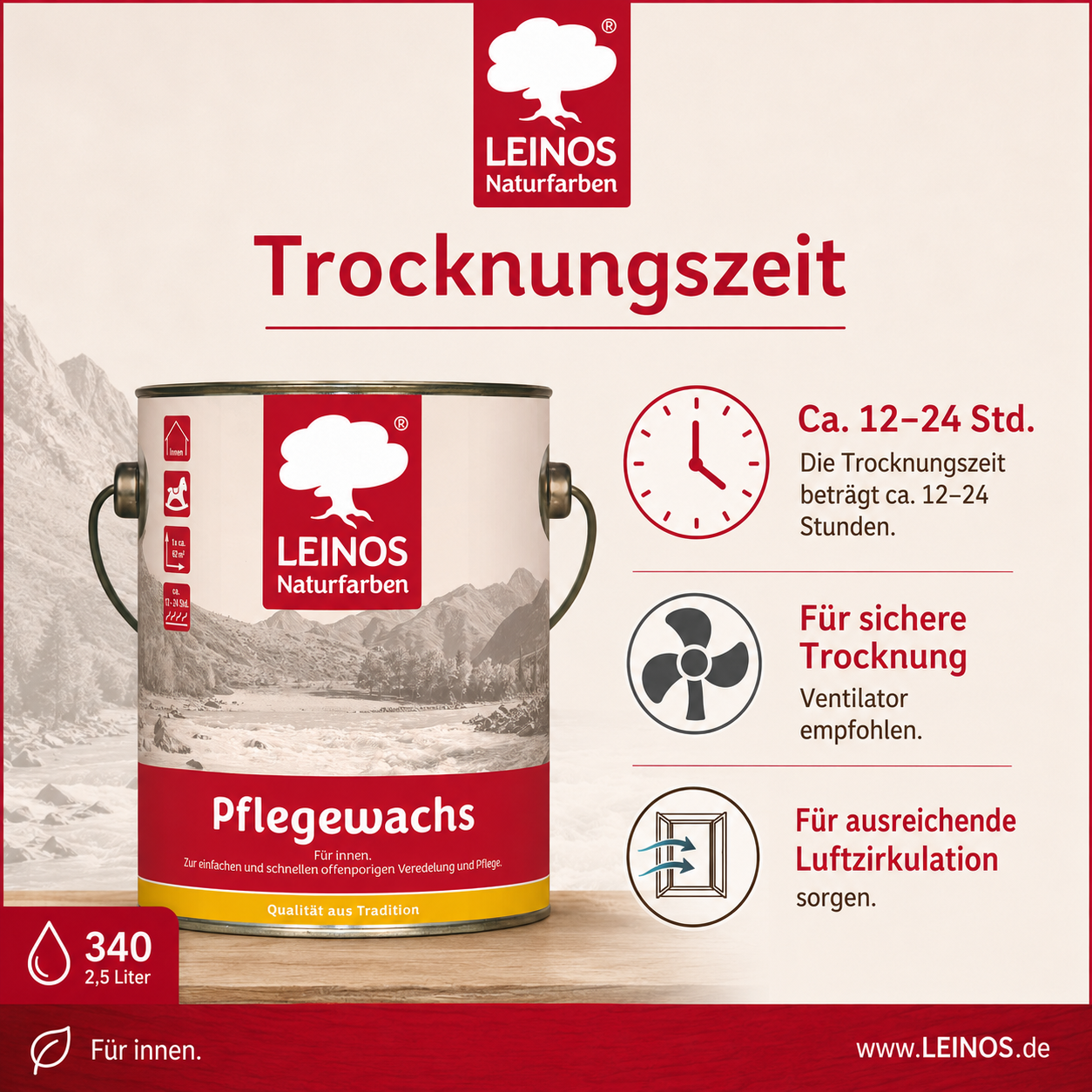 Leinos-Pflegewachs 340 | 2,5 Liter | Leicht verarbeitbares Wachsfinish | Für gewachste Flächen & wenig beanspruchte geölte Oberflächen | Auffrischung & Veredelung für Möbel, Holz & Naturmaterialien