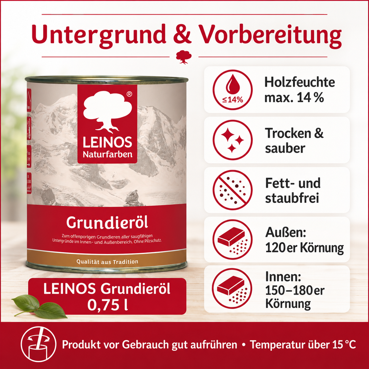 LEINOS Grundieröl 0,75 l – farblos, offenporig, tief eindringend, lösemittelarm; ideale Basis für saugfähiges Holz innen & außen, ohne UV-/Pilzschutz, für wenig beanspruchte Flächen