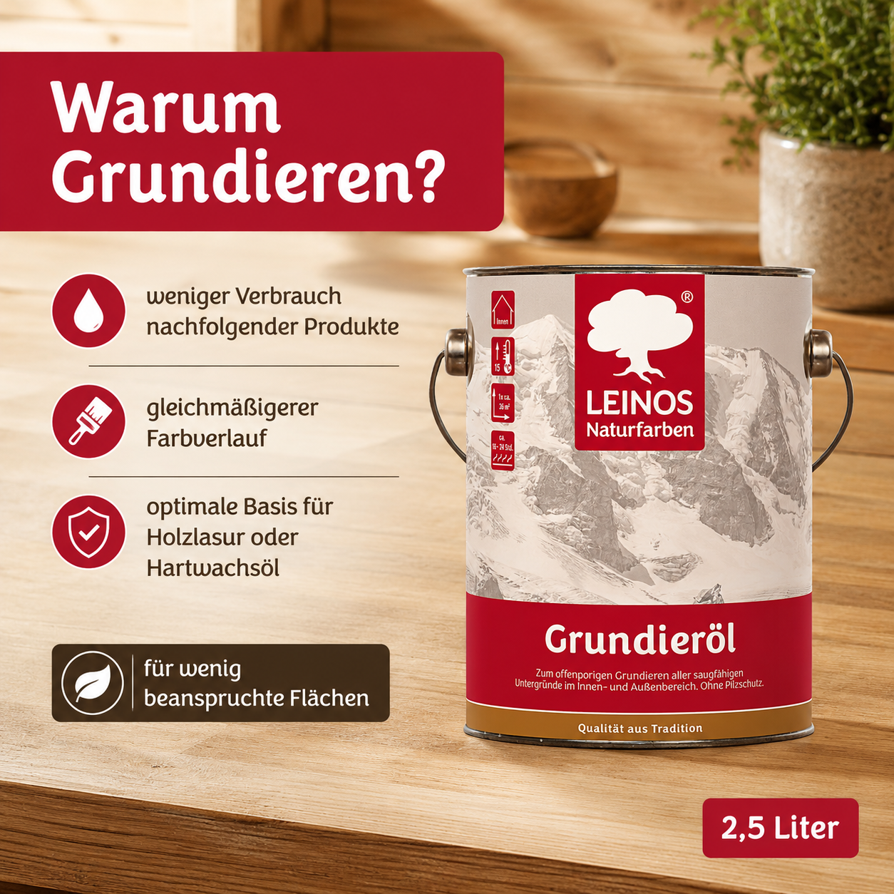 LEINOS 220 Grundieröl für Innen 2,5 l | Offenporige Grundierung mit gutem Eindringvermögen für wenig beanspruchte Holzteile | optimalen Kontakt für weitere Anstriche