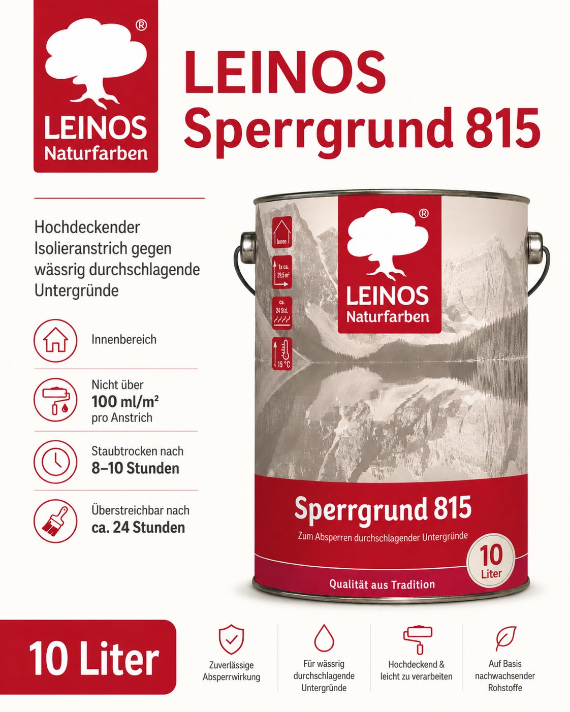 LEINOS 815 Sperrgrund 10 Liter  | Hochdeckend: Erzeugt einen weißen, leicht rauen Untergrund, der für nachfolgende Anstriche gute Haftung bietet