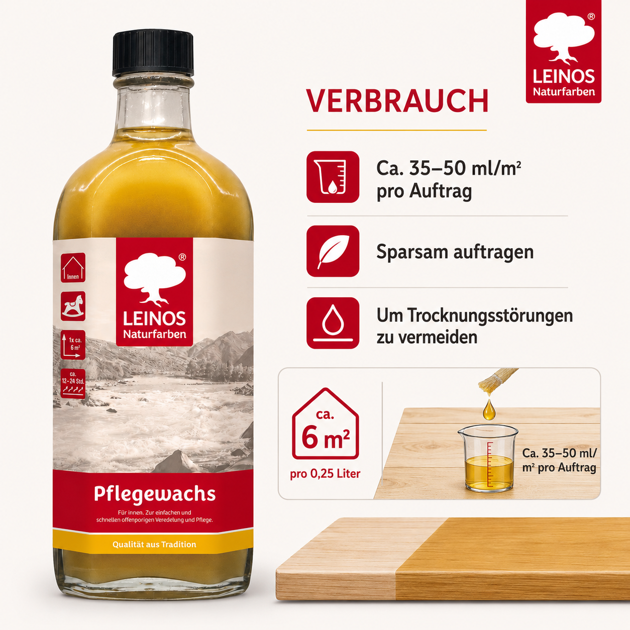 Leinos-Pflegewachs 340 | 0,25 Liter | Leicht verarbeitbares Wachsfinish | Für gewachste Flächen & wenig beanspruchte geölte Oberflächen | Auffrischung & Veredelung für Möbel, Holz & Naturmaterialien