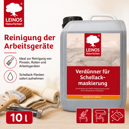 LEINOS 956 Verdünner für Schellackmaskierung 10,0 l – Ethanol zur Verdünnung von Schellack-Maskierung, zur Reinigung von Werkzeugen und Geräten, für professionelle Anwendungen im Innenbereich genutzt.