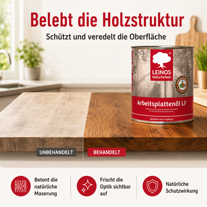 Arbeitsplattenöl  0,75 L | lebensmittelecht & speichelfrei nach EN 71-3 | schmutz-, wasser- & fettabweisend | Öl-Harz-Rezeptur ohne Film | für Holz-Küchenplatten, Schneidebretter, Tische & Kinderspielzeug