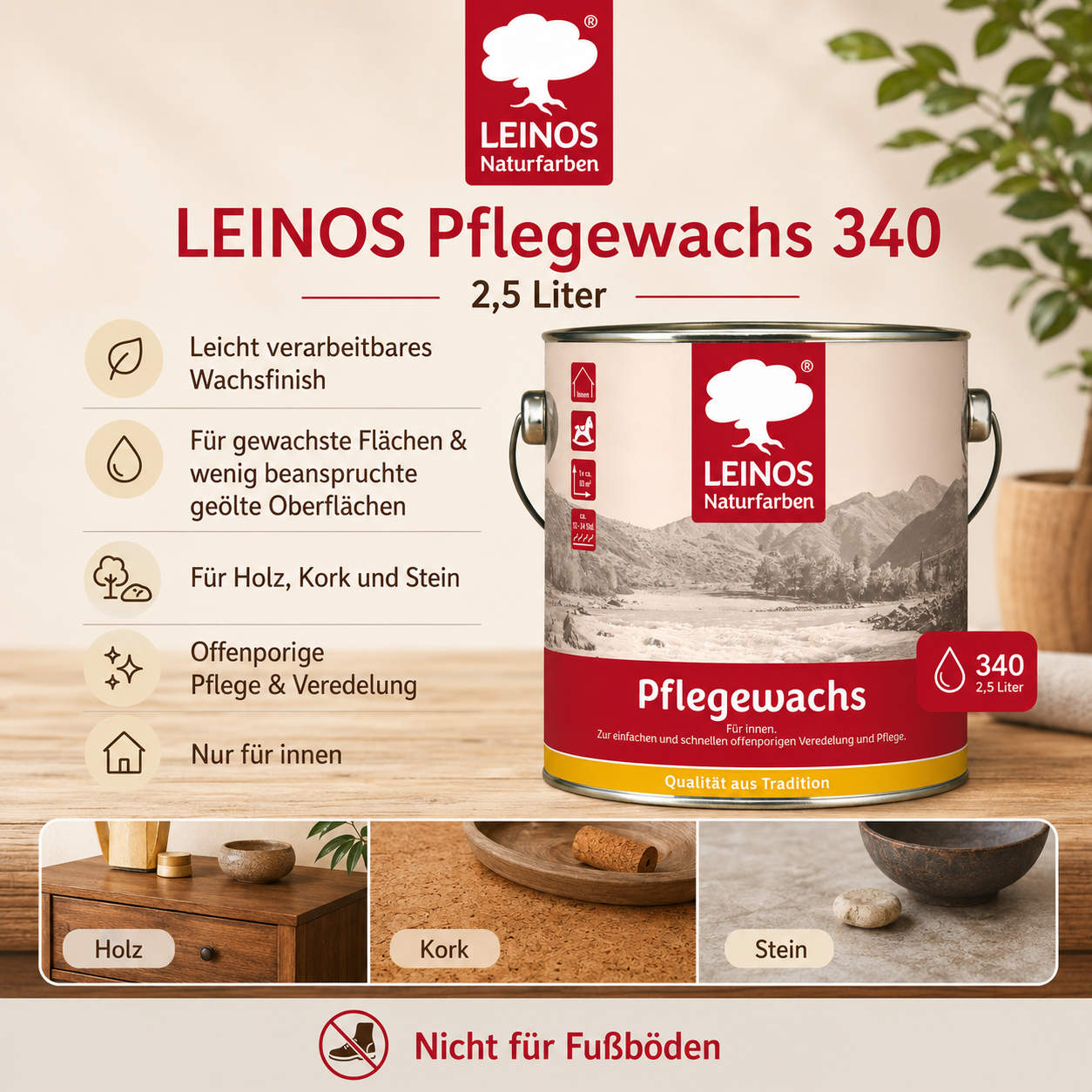 Leinos-Pflegewachs 340 | 2,5 Liter | Leicht verarbeitbares Wachsfinish | Für gewachste Flächen & wenig beanspruchte geölte Oberflächen | Auffrischung & Veredelung für Möbel, Holz & Naturmaterialien