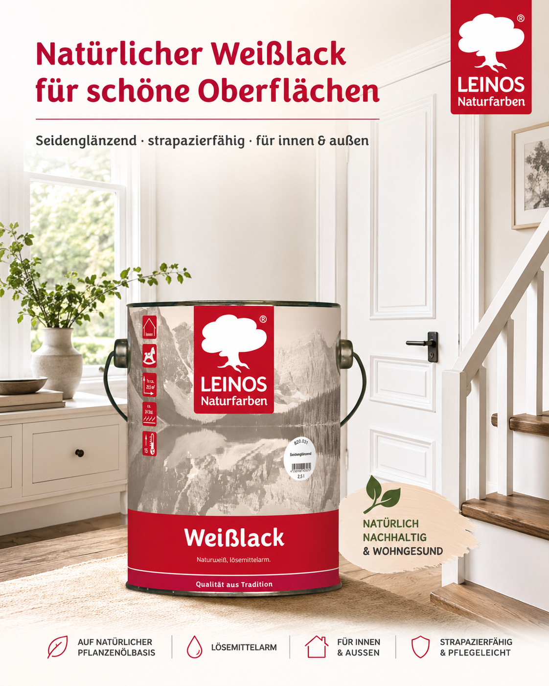 LEINOS 820 Weißlack Seidenglänzend | 2,5 L Innen & Außen | Wohngesunder Naturharz-Öl Lack, wetterfest & langlebig | ca. 20 m² Reichweite | Für Türen, Fenster, Möbel & Holzflächen | Profiqualität