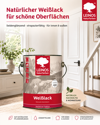 LEINOS 820 Weißlack Seidenglänzend | 2,5 L Innen & Außen | Wohngesunder Naturharz-Öl Lack, wetterfest & langlebig | ca. 20 m² Reichweite | Für Türen, Fenster, Möbel & Holzflächen | Profiqualität