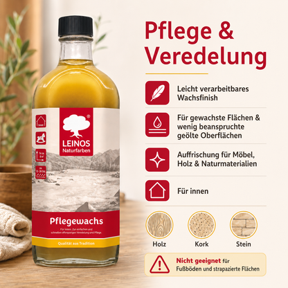 Leinos-Pflegewachs 340 | 0,25 Liter | Leicht verarbeitbares Wachsfinish | Für gewachste Flächen & wenig beanspruchte geölte Oberflächen | Auffrischung & Veredelung für Möbel, Holz & Naturmaterialien