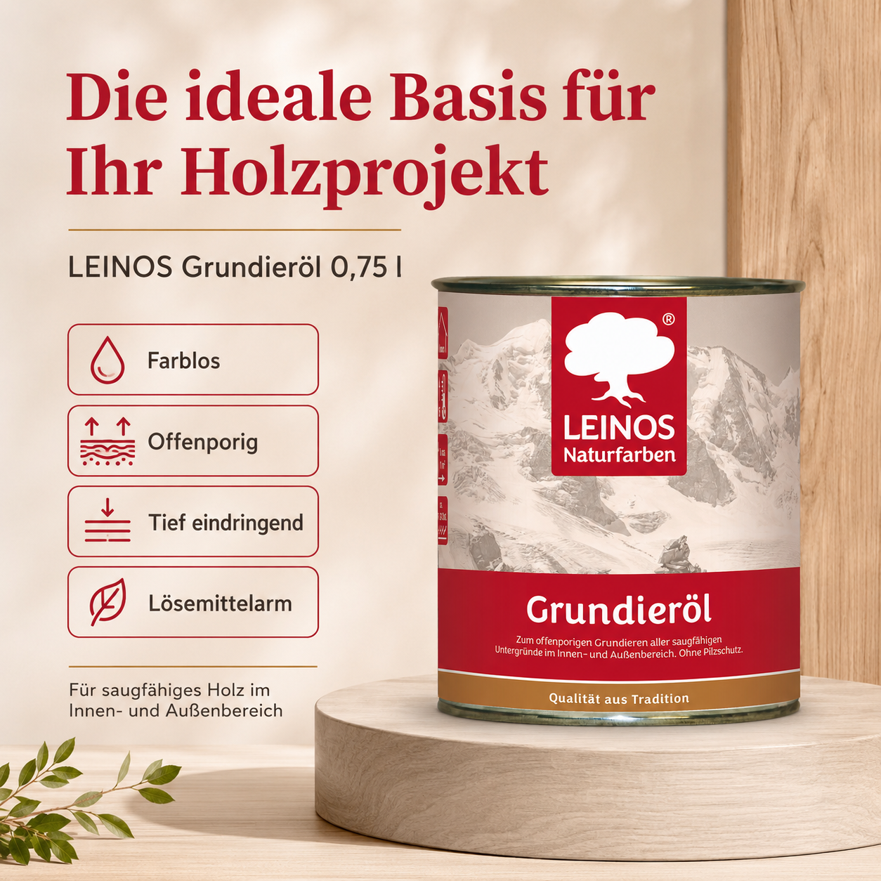 LEINOS Grundieröl 0,75 l – farblos, offenporig, tief eindringend, lösemittelarm; ideale Basis für saugfähiges Holz innen & außen, ohne UV-/Pilzschutz, für wenig beanspruchte Flächen