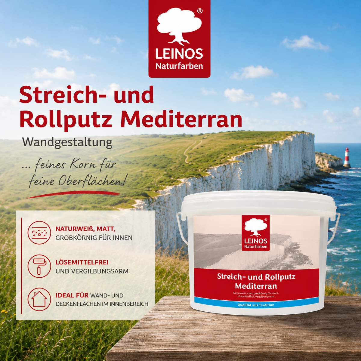 LEINOS Streich- und Rollputz mediterran 680, weiß – Dekorativer Strukturputz für Innen, lösemittelfrei, atmungsaktiv, gebrauchsfertig, mediterrane Optik, auf Lehm, Kalk, Putz, Altanstrich – 2,5