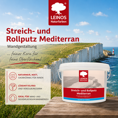 LEINOS Streich- und Rollputz mediterran 680, weiß – Dekorativer Strukturputz für Innen, lösemittelfrei, atmungsaktiv, gebrauchsfertig, mediterrane Optik, auf Lehm, Kalk, Putz, Altanstrich – 2,5