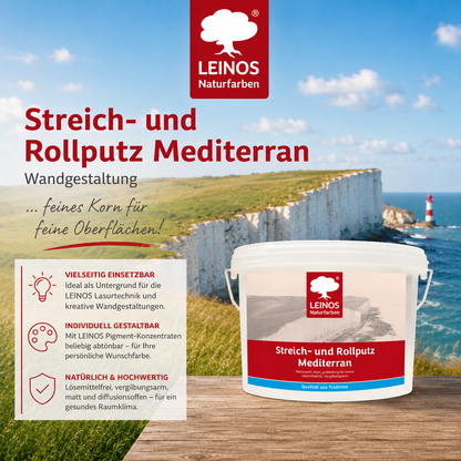 LEINOS Streich- und Rollputz mediterran 680, weiß – Dekorativer Strukturputz für Innen, lösemittelfrei, atmungsaktiv, gebrauchsfertig, mediterrane Optik, auf Lehm, Kalk, Putz, Altanstrich – 2,5