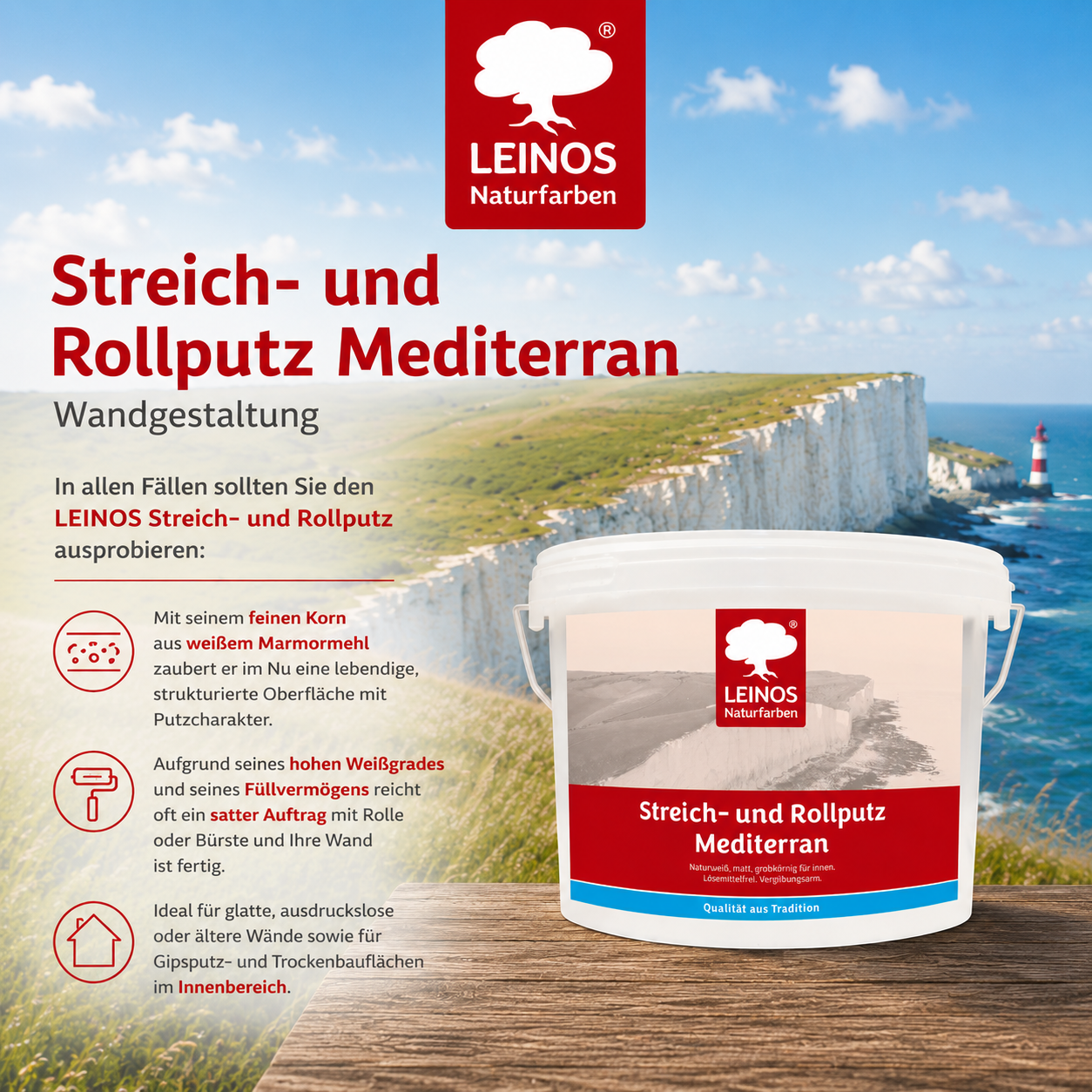 LEINOS Streich- und Rollputz mediterran 680, weiß – Dekorativer Strukturputz für Innen, lösemittelfrei, atmungsaktiv, gebrauchsfertig, mediterrane Optik, auf Lehm, Kalk, Putz, Altanstrich – 2,5