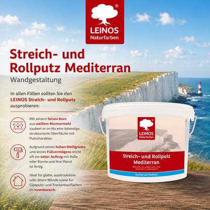 LEINOS Streich- und Rollputz mediterran 680, weiß – Dekorativer Strukturputz für Innen, lösemittelfrei, atmungsaktiv, gebrauchsfertig, mediterrane Optik, auf Lehm, Kalk, Putz, Altanstrich – 2,5