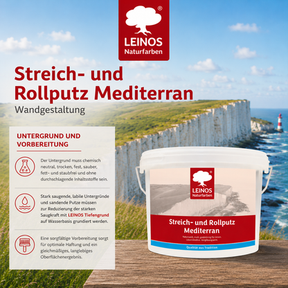 LEINOS Streich- und Rollputz mediterran 680, weiß – Dekorativer Strukturputz für Innen, lösemittelfrei, atmungsaktiv, gebrauchsfertig, mediterrane Optik, auf Lehm, Kalk, Putz, Altanstrich – 2,5