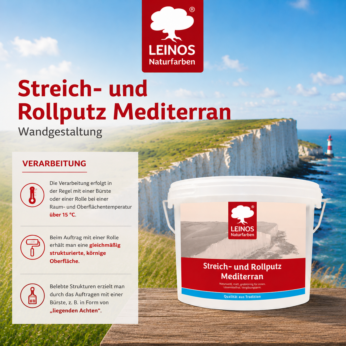 LEINOS Streich- und Rollputz mediterran 680, weiß – Dekorativer Strukturputz für Innen, lösemittelfrei, atmungsaktiv, gebrauchsfertig, mediterrane Optik, auf Lehm, Kalk, Putz, Altanstrich – 2,5