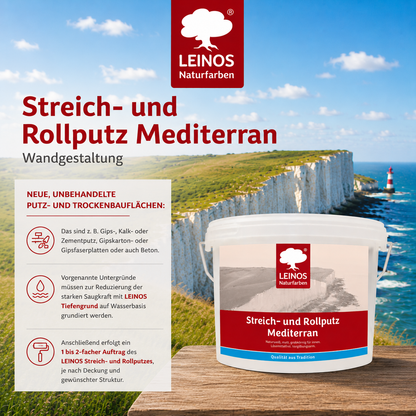 LEINOS Streich- und Rollputz mediterran 680, weiß – Dekorativer Strukturputz für Innen, lösemittelfrei, atmungsaktiv, gebrauchsfertig, mediterrane Optik, auf Lehm, Kalk, Putz, Altanstrich – 2,5