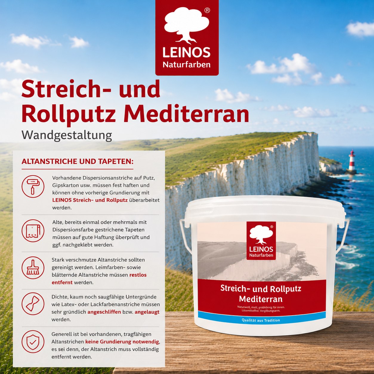 LEINOS Streich- und Rollputz mediterran 680, weiß – Dekorativer Strukturputz für Innen, lösemittelfrei, atmungsaktiv, gebrauchsfertig, mediterrane Optik, auf Lehm, Kalk, Putz, Altanstrich – 2,5