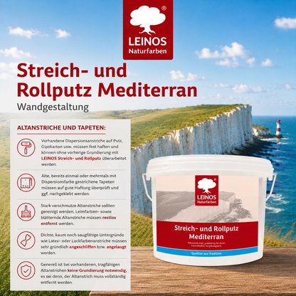 LEINOS Streich- und Rollputz mediterran 680, weiß – Dekorativer Strukturputz für Innen, lösemittelfrei, atmungsaktiv, gebrauchsfertig, mediterrane Optik, auf Lehm, Kalk, Putz, Altanstrich – 10Liter