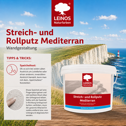 LEINOS Streich- und Rollputz mediterran 680, weiß – Dekorativer Strukturputz für Innen, lösemittelfrei, atmungsaktiv, gebrauchsfertig, mediterrane Optik, auf Lehm, Kalk, Putz, Altanstrich – 2,5