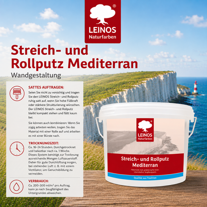 LEINOS Streich- und Rollputz mediterran 680, weiß – Dekorativer Strukturputz für Innen, lösemittelfrei, atmungsaktiv, gebrauchsfertig, mediterrane Optik, auf Lehm, Kalk, Putz, Altanstrich – 2,5