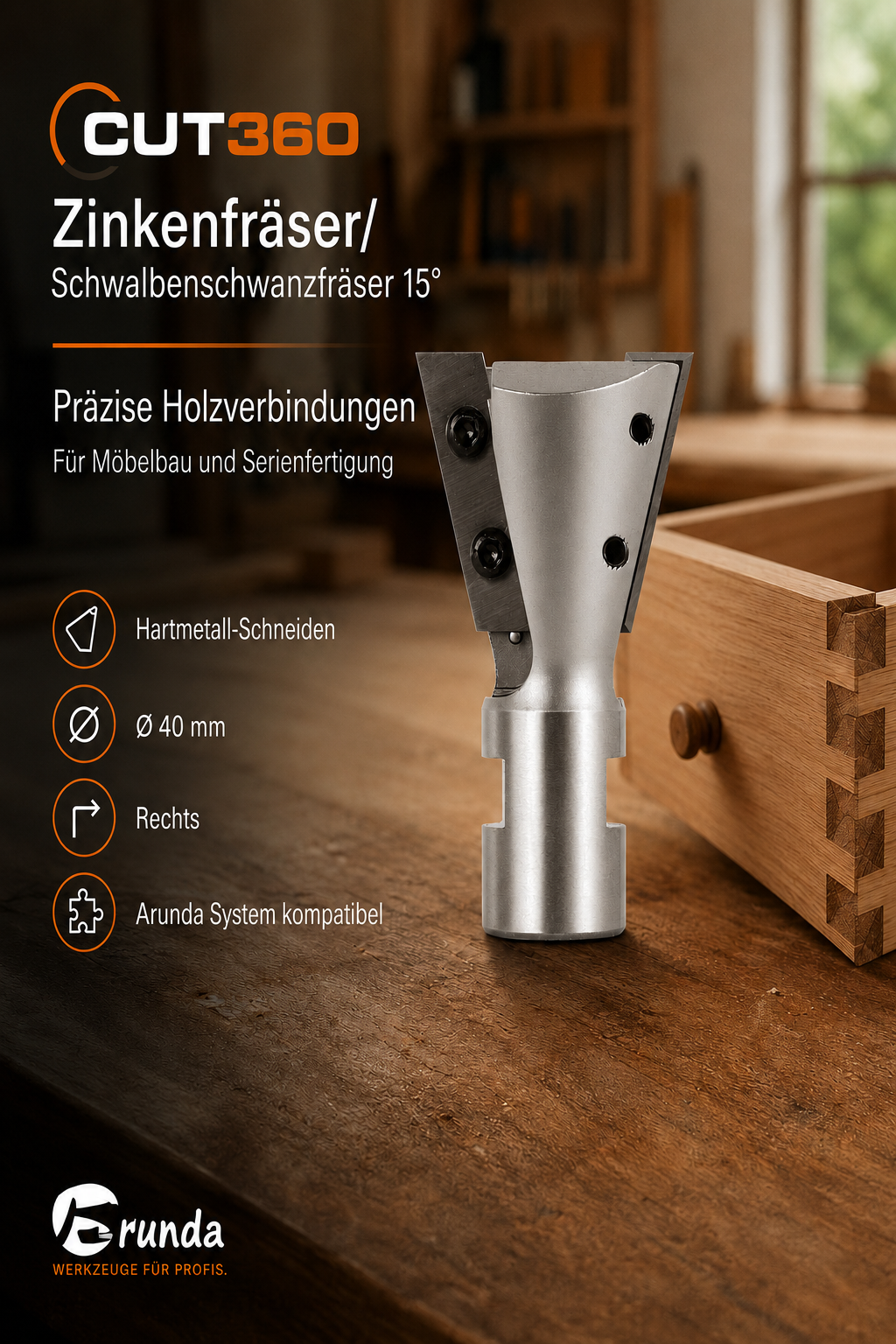 Zinkenfräser/Schwalbenschwanzfräser 15° für Arunda® System | Ø 40 HM, rechts | AL 31,5 mm, GL 65,5 mm | Schaft M12x1 | inkl. Wendemesser | Wendeplatte 901.315.09.00