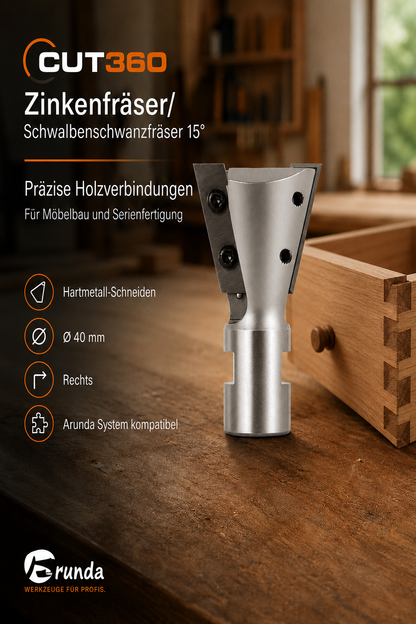 Zinkenfräser/Schwalbenschwanzfräser 15° für Arunda® System | Ø 40 HM, rechts | AL 31,5 mm, GL 65,5 mm | Schaft M12x1 | inkl. Wendemesser | Wendeplatte 901.315.09.00