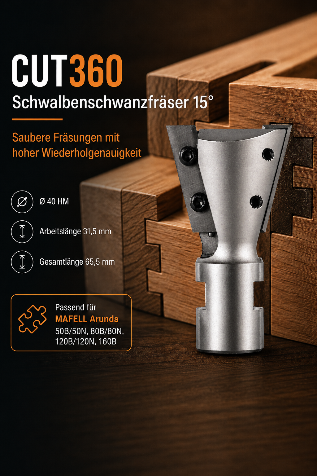 Zinkenfräser/Schwalbenschwanzfräser 15° für Arunda® System | Ø 40 HM, rechts | AL 31,5 mm, GL 65,5 mm | Schaft M12x1 | inkl. Wendemesser | Wendeplatte 901.315.09.00